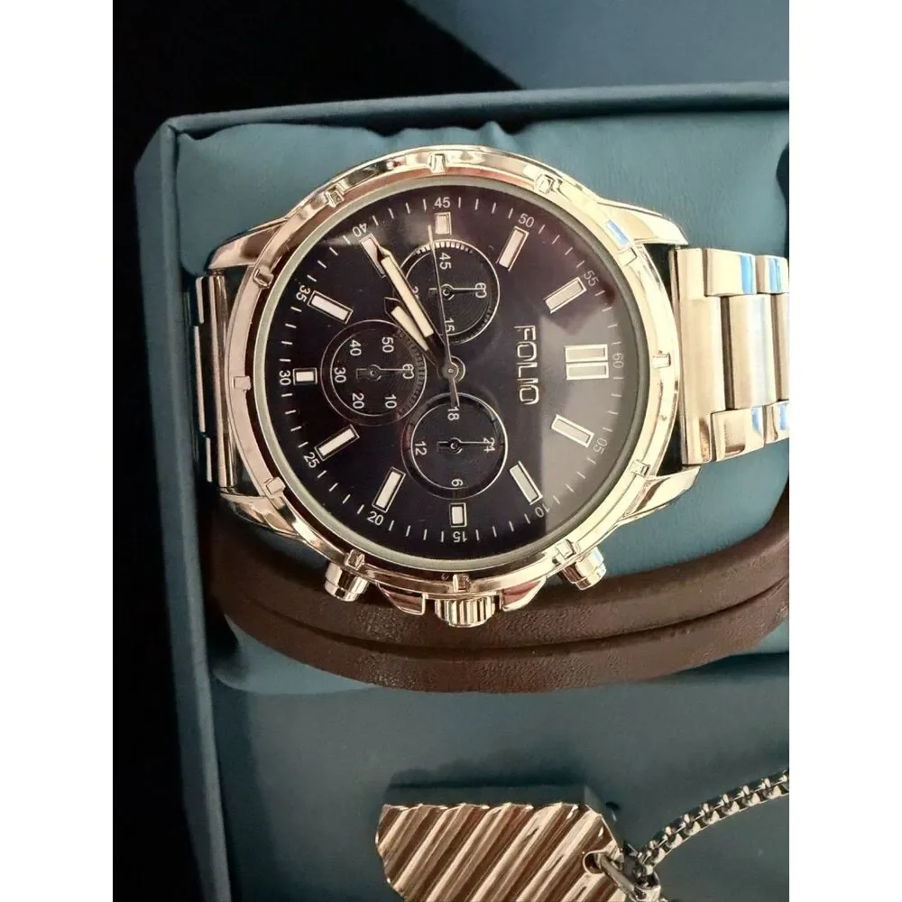 Folio Men Three-Hand Silver-Tone Watch